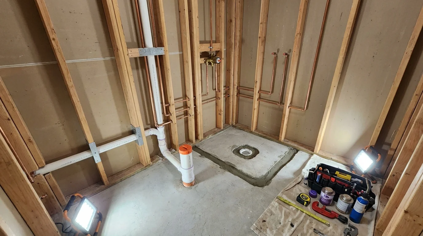 Bathroom rough-in plumbing during remodel by Johns Plumbing LLC in Warm Springs
