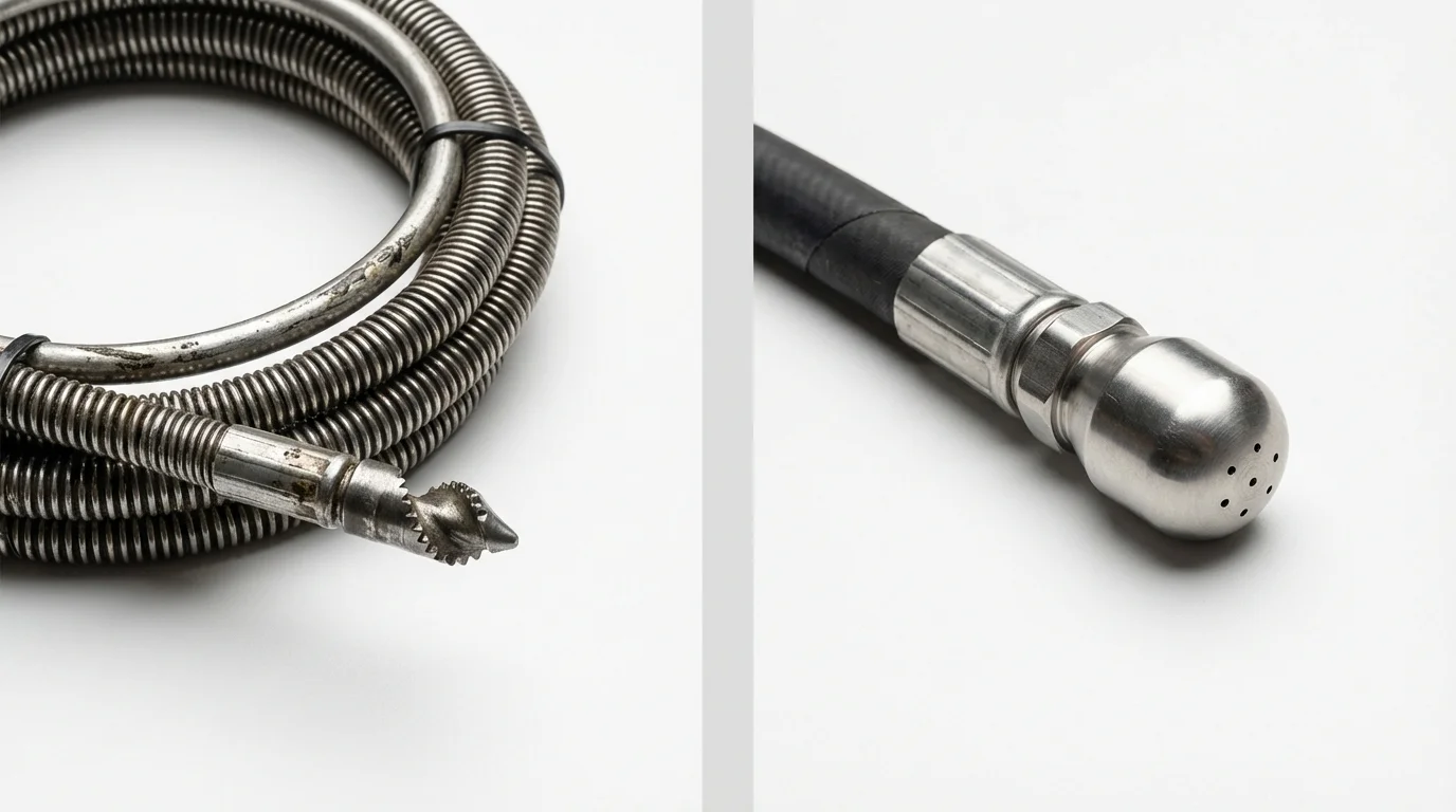 Drain snake cable and hydro jetting nozzle used for drain cleaning in Warm Springs, VA