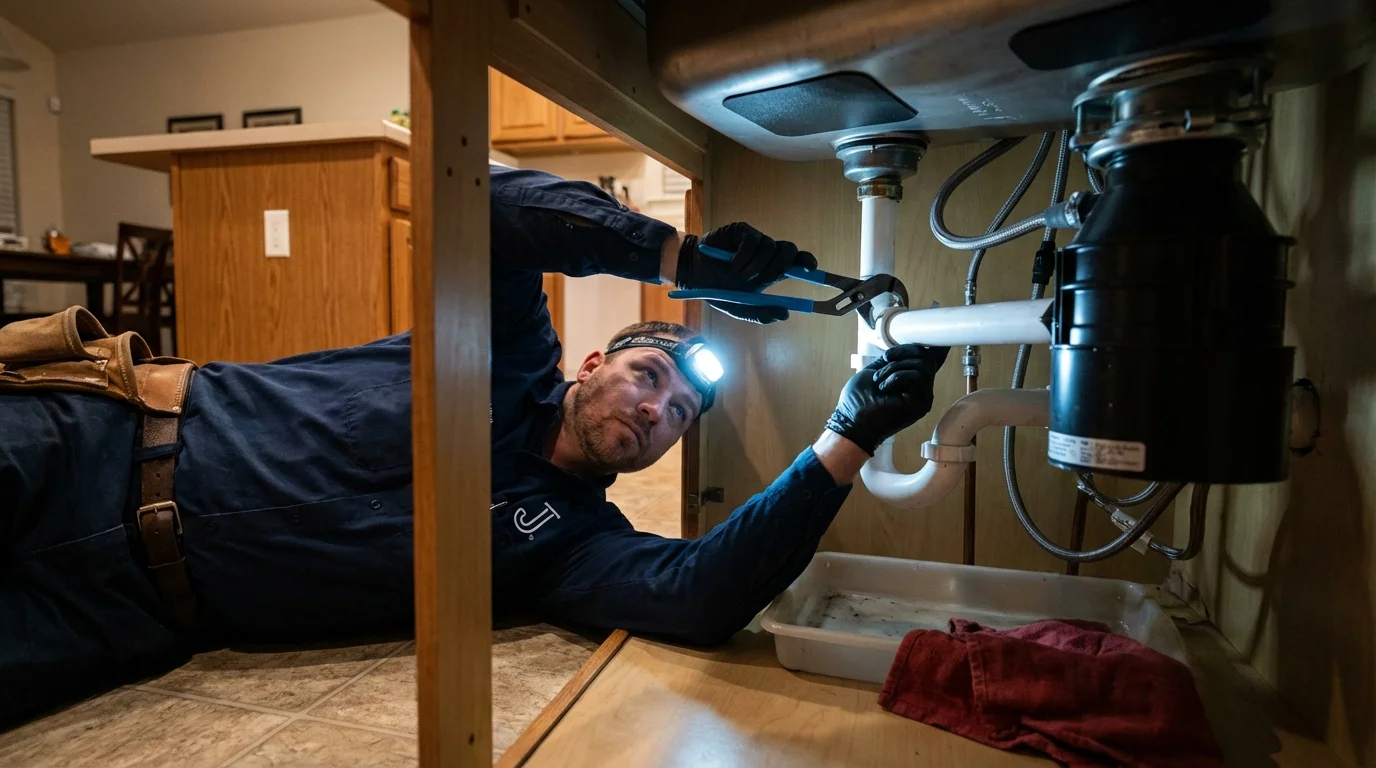 P-trap and supply line connections under a kitchen sink showing a common leak point in Warm Springs, VA
